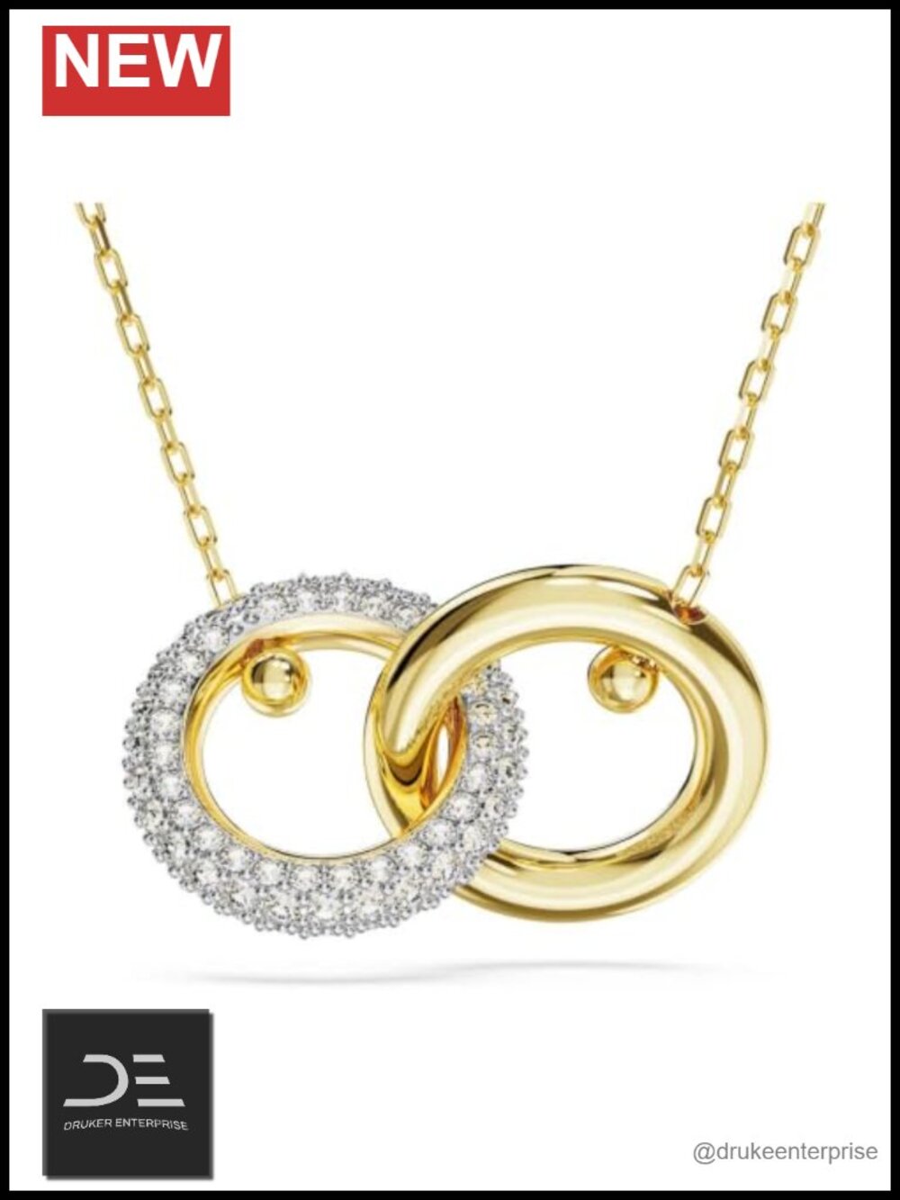 Gold-Tone Pendant Necklace with Clear Crystals Interlocking Loop Design